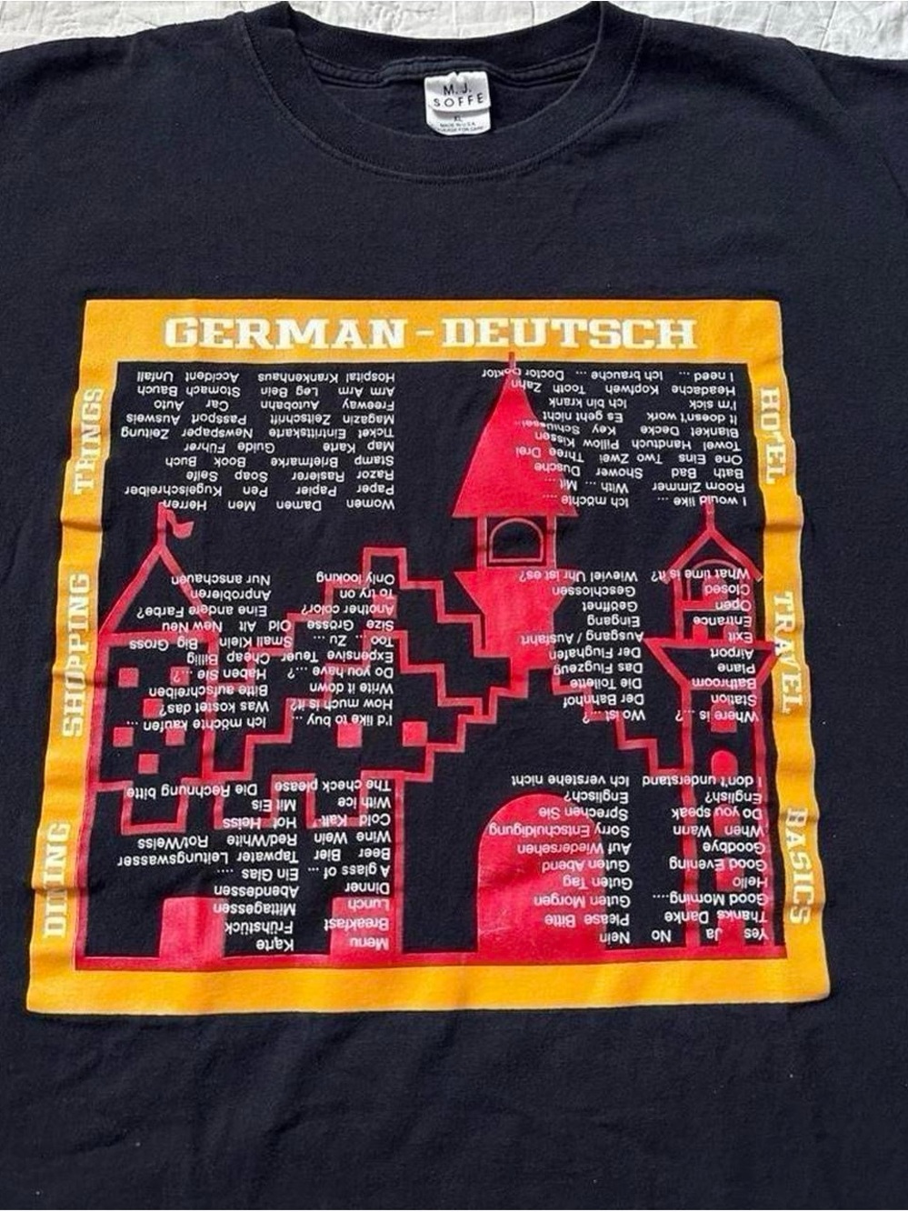 Vintage 1990s Soffe Men’s Black Graphic Tee with German-Deutsch Print XL